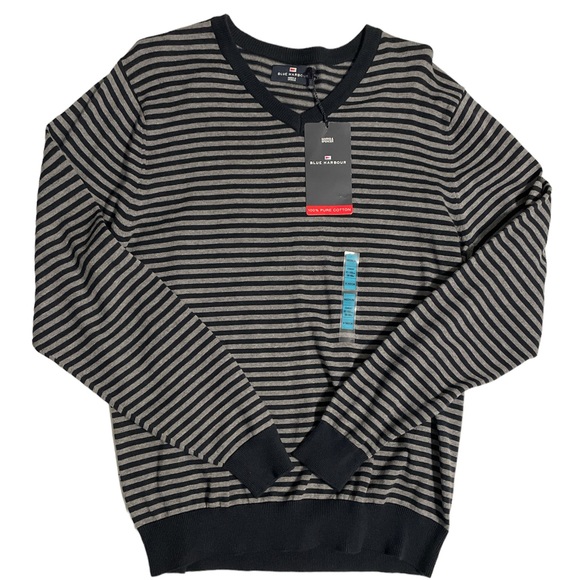 Marks & Spencer Mens / Women V-Neck Sweater - Iron Gray Stripe Size M - Picture 2 of 12